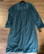 Vintage teal fleece zip-front robe by the brand "Earth Angels
