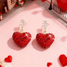 Red Heart Rhinestone Drop Earrings for Women Valentines Day Gift
