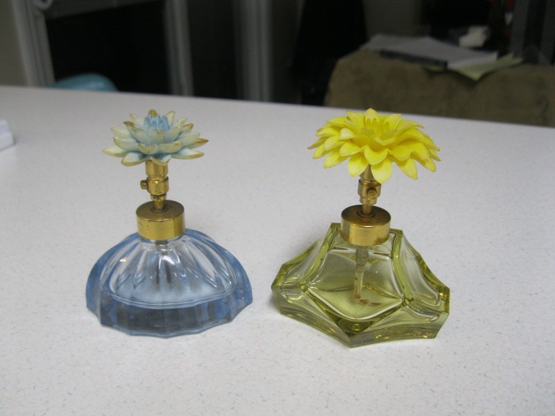 Two Vintage Pump Spray Perfume Bottles with Flower Top