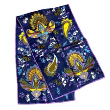 Vintage 1970  s acetate scarf floral rectangle Japan navy blue purple gold sage