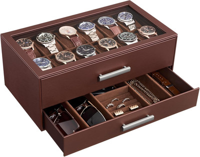 12-Slot Watch Box, 2-Tier Pull-Out Drawers Display Case for Men with Clear Top L
