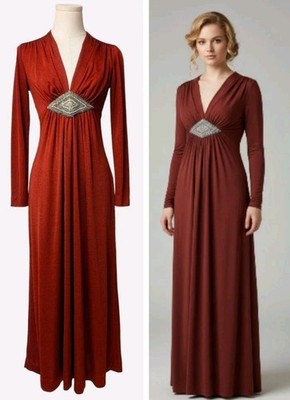 Vintage 70s Joy Stevens Empire Maxi Dress Burgundy Jersey Pearls Beads CZ XS
