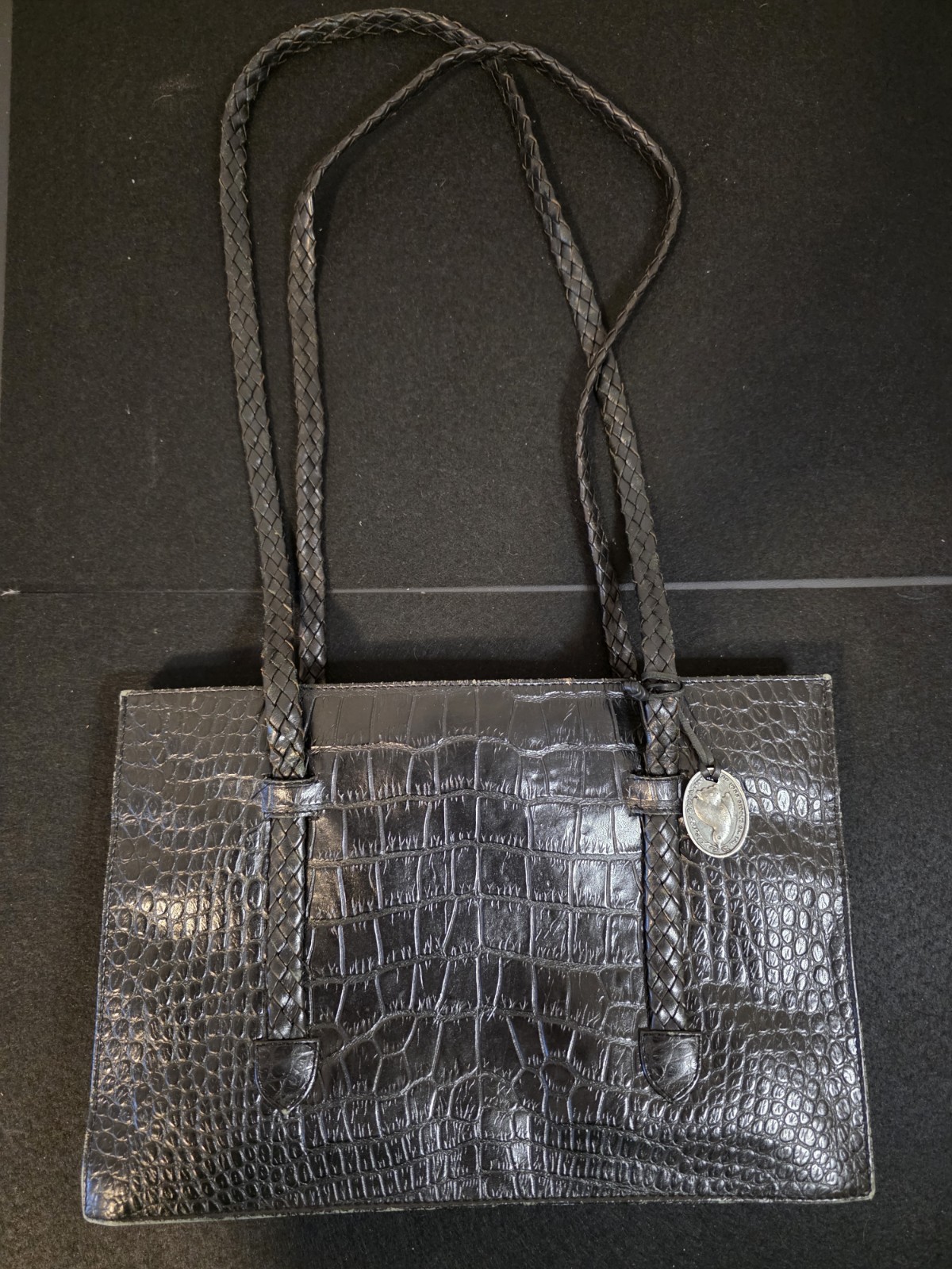 Shannon Diego Black Croc Embossed Leather Shoulder Bag with Silver Hardware