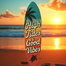 High Tides Good Vibes Surfboard Sign, Coastal Wall Decor, Beach Art, 3 - 5 Feet