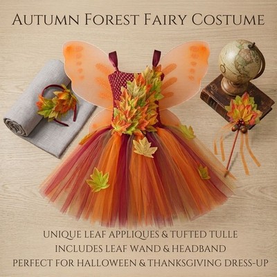 Girls Woodland Fairy Costume Autumn Tutu Dress Kids Halloween Party Outfit