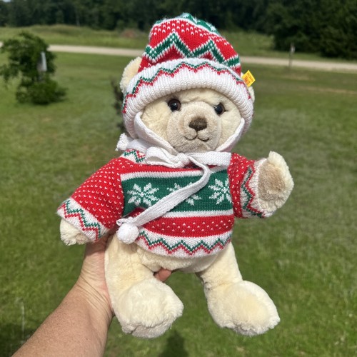 Vtg STEIFF Teddy Bear Plush 0235/35 Button Tag Cream W/Christmas Sweater