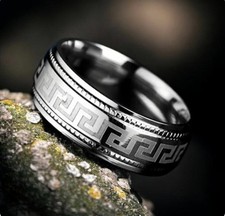 Men's Stainless Steel Greek Key Wedding Ring, Timeless Silver Design