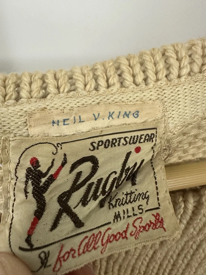 Suéter de malha pesado vintage anos 40 Rugby Knitting Mills W Varsity lã 20x28 - Imagem 3 de 4