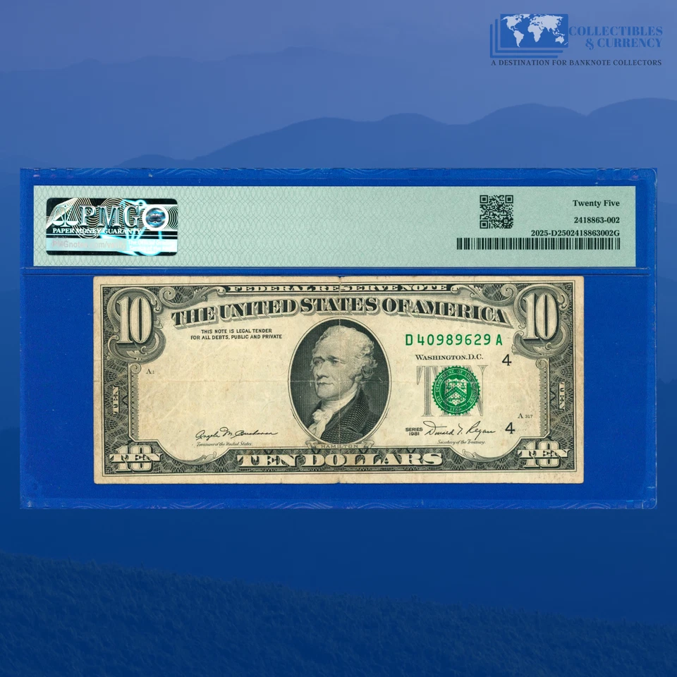 1981 $10 Federal Reserve Note, DRAMATIC PRINTED FOLD OVER ERROR, PMG 25 #89629 - Image 2 of 3