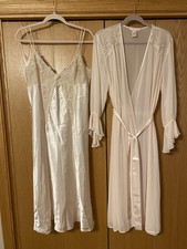 VTG Dentelle Peignoir Pale Pink Satin Lace Pearls Bridal Nightgown Lingerie L
