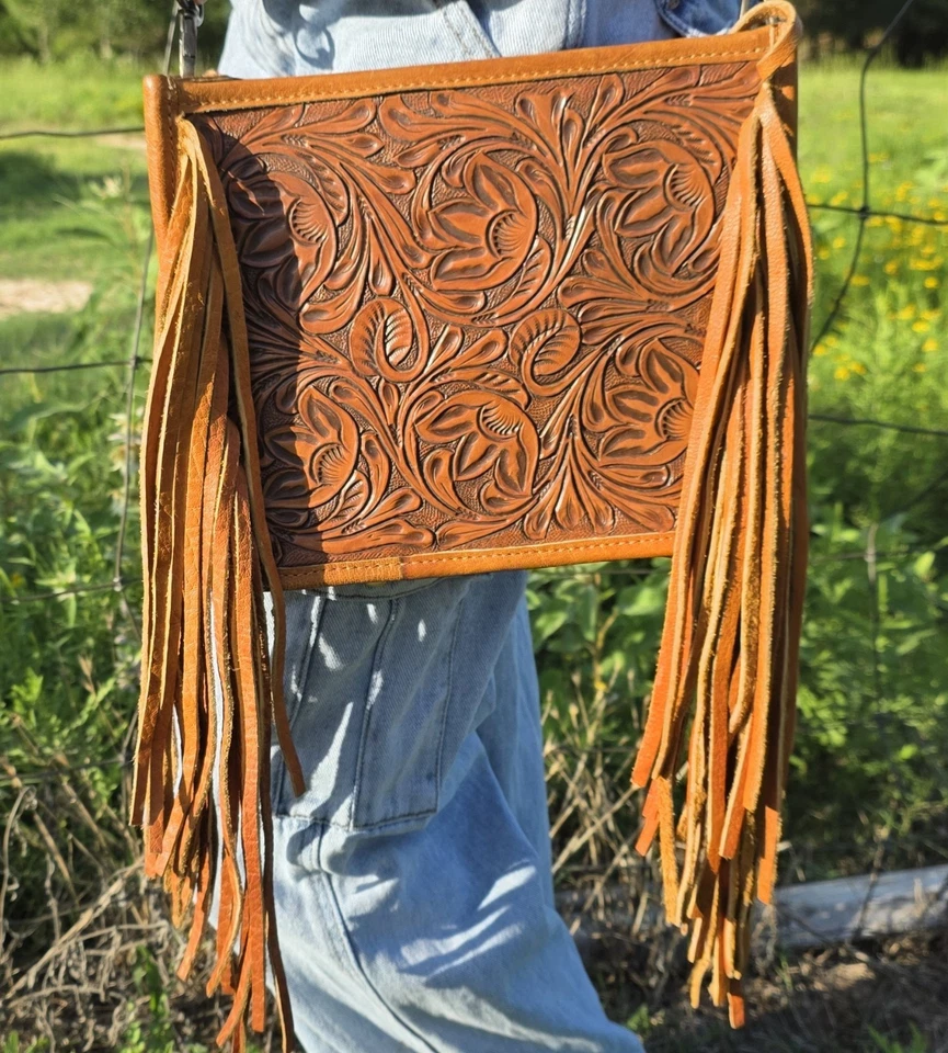 American Darling Hand Tooled Leather Fringe Crossbody Purse With Guitar Strap - Image 4 of 4