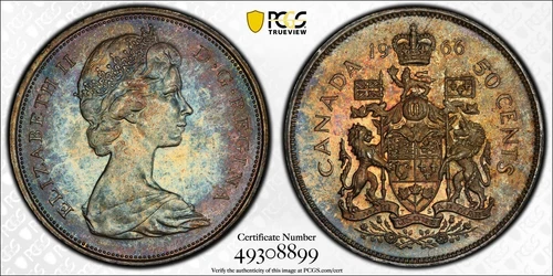 MS65 1966 50C Canada Silver Fifty Cents, PCGS Trueview- Beautifully Toned