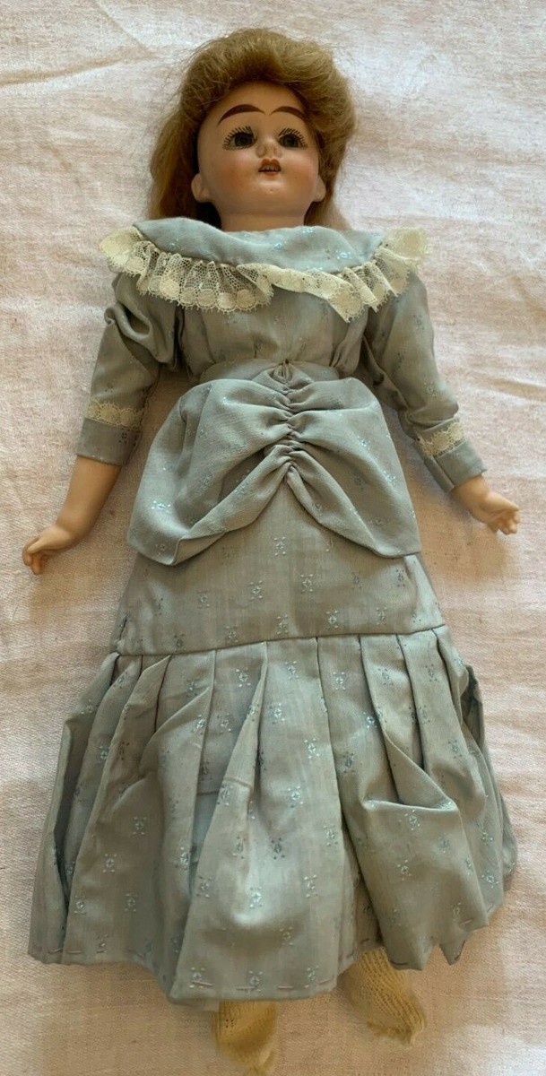 domein『crown』　Italy antique doll Signed Antique Doll Bisque Head Open Mouth Teeth Dressed Glass