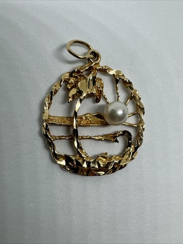 14K Yellow Gold Hawaii Palm Tree Tropical Travel Pearl Charm/Pendant Diamond Cut - Picture 6 of 12
