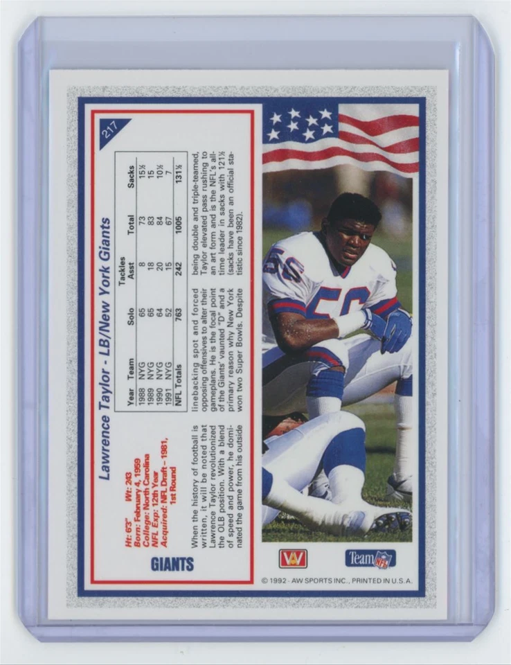1992 Aw Sports Lawrence Taylor . New York Giants #217 - Image 2 of 2