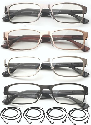 4 Packs High Optical Quality Metal Reading Glasses Rectangle Frame Durable