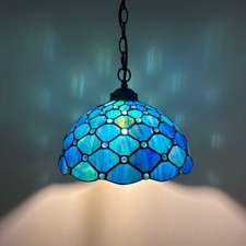 Tiffany Style Hanging Lighting Blue Stained Glass LED Bulb Included 12"W 60"H