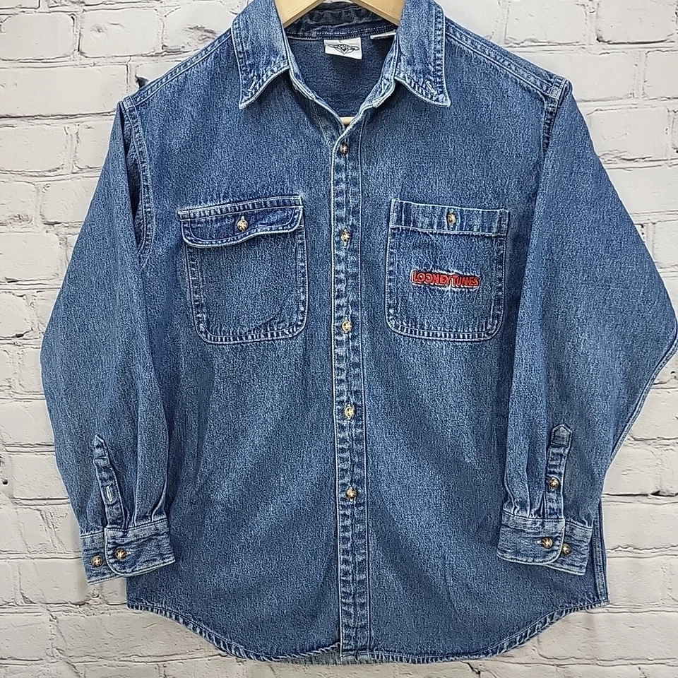Camisa Denim Años 90 Looney Tunes Acme Niños Talla L Manga Larga Abotonada Rara 1993 Foto 4 de 4