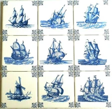 Mariner Ships Blue Delft Designs set of 9 Ceramic Tiles Kiln Fired 4.25"