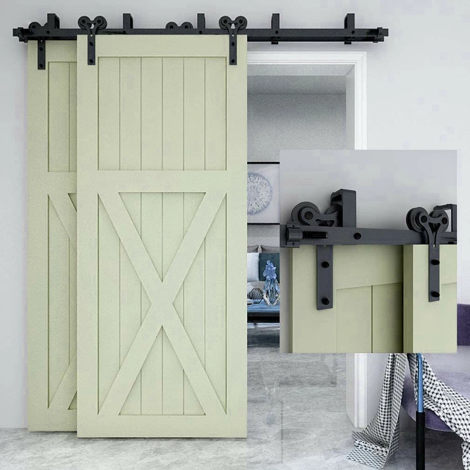 Kit de herrajes para puerta corredera de granero de derivación de 5-20 pies para rodillo de cuerno de oveja de doble puerta Foto 2 de 4