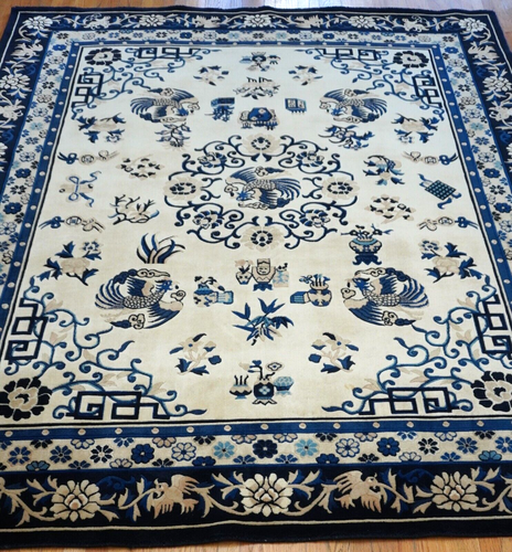 8'x10' Chinese Peking Hand Knotted Wool Phoenix Birds Blue Ivory Oriental Rug - Picture 2 of 23