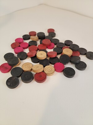 Vintage Carrom Game Replacement Pieces Wooden Pucks Black, Tan, Red