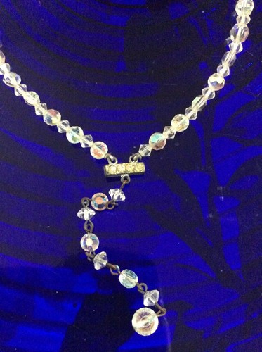 Antique Opalescent Bead NECKLACE rhinestone crystals drop front dangle 22" long - Picture 2 of 8