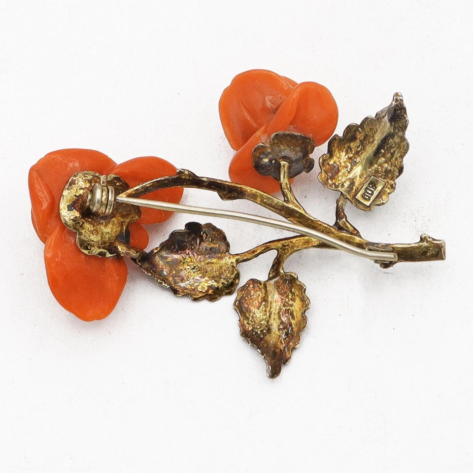 Broche broche antiguo chapado en oro plateado coral rojo flor Foto 2 de 3