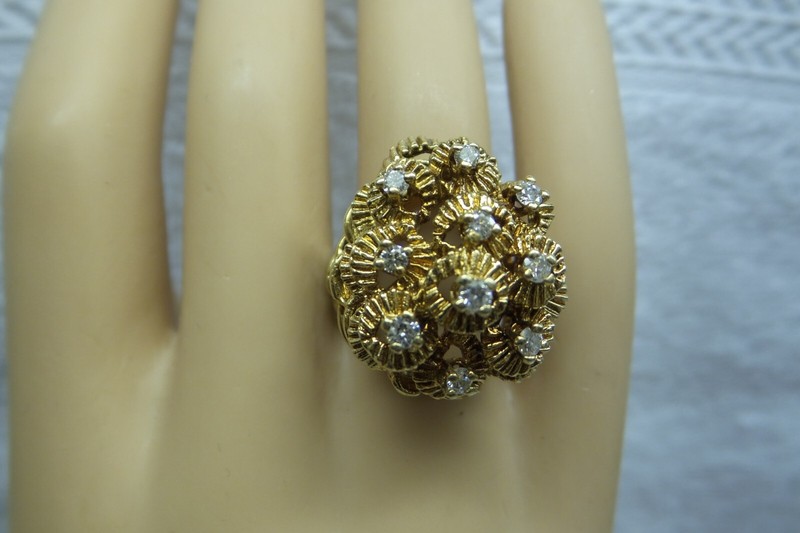 1950's Mid Century Solid 14kt Multi Diamond Large Cocktail Ring