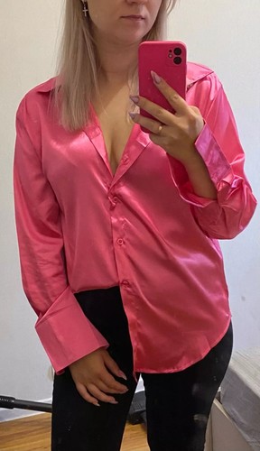 Camisa satinada cuello botón top manga larga Barbie rosa sedoso mujer nueva con etiquetas nueva - Imagen 3 de 3