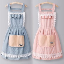 Women Maid Lace Ruffled Apron with Pocket Florist Baking Cooking Cafe Cute Sweet