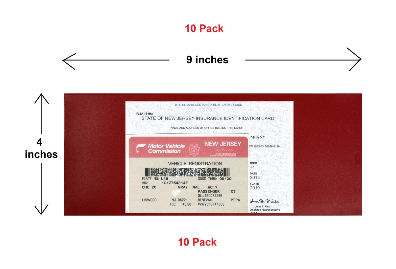 10 Long Red 9&Quot;X4&Quot; Auto Car Truck Insurance Registration Id Card Case Holder
