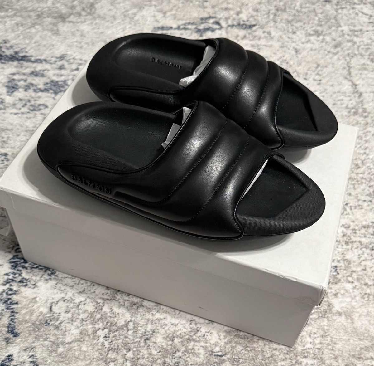 Balmain B-It Black Quilted Leather Slides Sandals Size 36 EU BRAND