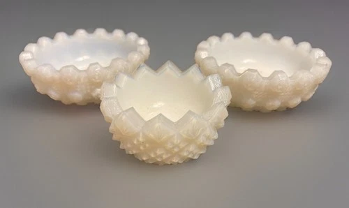 Lot Of 3 Vintage Milk Glass Open Salt Cellars Dips Hobnail Sawtooth Daisy Button