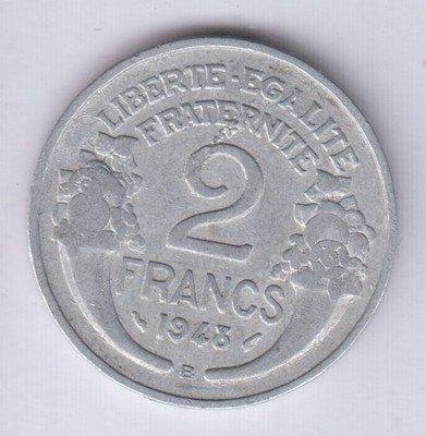 FRANCE 2 Francs 1943B Error Defect, Artefact about ''2'' (Y670)