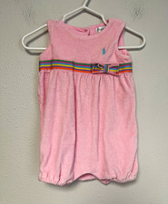 Ralph Lauren Baby Girls Pink Terry Romper 3 Months Sleeveless Stripe Bow Logo