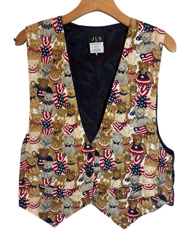 JLN USA Womens Teddy Bear Patriotic American Flag Vest Size Lg 4TH OF JULY