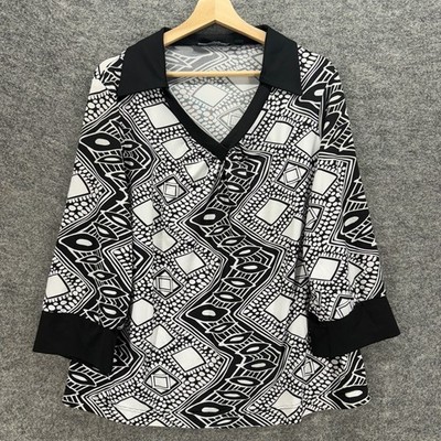 Essentials Blouse Women 1X Plus Black Geometric Collared Long Sleeve Pullover