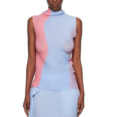 Issey Miyake Mainline Pleated Long Sleeve High Neck Top 2 Blue