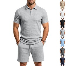 Jacquard men's summer loose casual commuting polo collar short sleeve shorts set