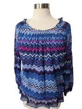 Inc International Concepts Women Top 0X Blue Chevron Off Shoulder Peplum 3/4 Sl 