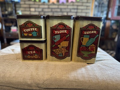 Vintage Set 4 Chienco Houseware Tin Canisters Sugar/Flower/Coffee/Tea INV#983