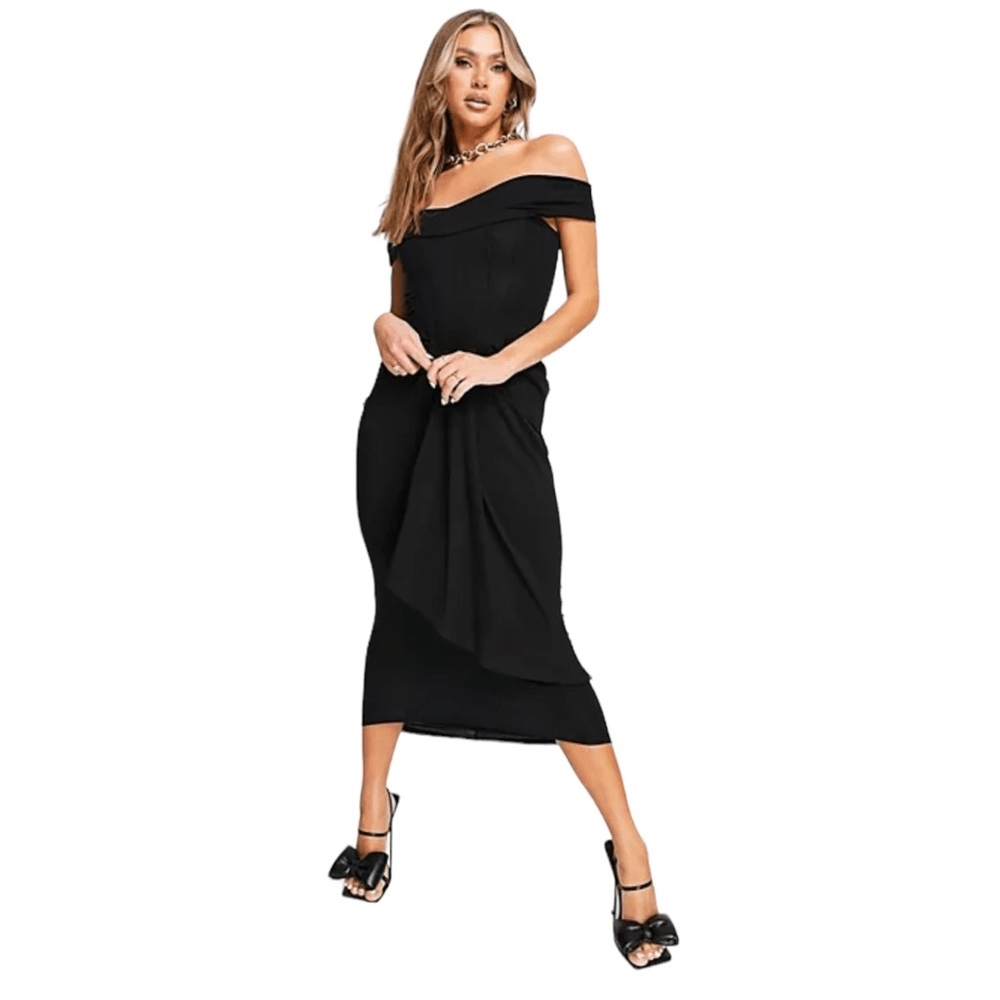 ASOS Design ASOS DESIGN bardot corset detail ruched midi dress in black  Size 6 | eBay