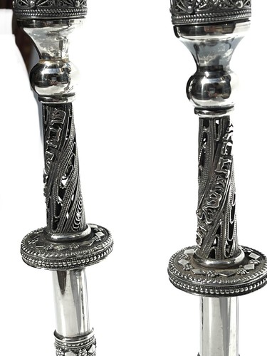 Hand made yemenite jewish candlesticks Silver Filigree 925 Ben Zion David Israel - Picture 2 of 12