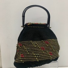 Vintage Early 1900s Handbag Womens Black Crochet Knit Evening Colored Beads