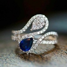 1.25Ct Blue Sapphire Pear  White Round Cut CZ Women's Wedding Ring 925 Silver