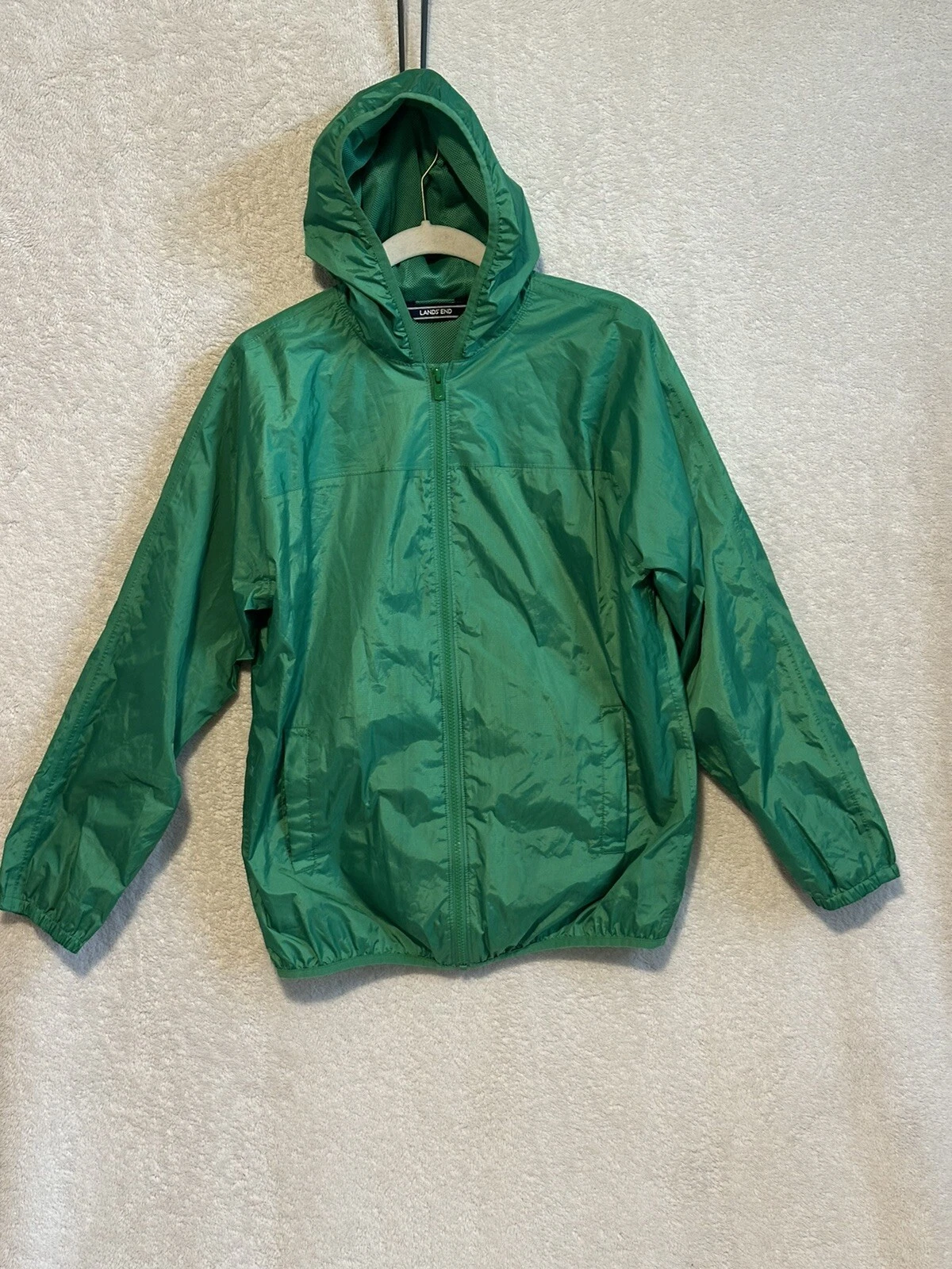 Lands' End Kids Size Large 14-16 Green Windbreaker Zip Up Hood Jacket Mesh Lined