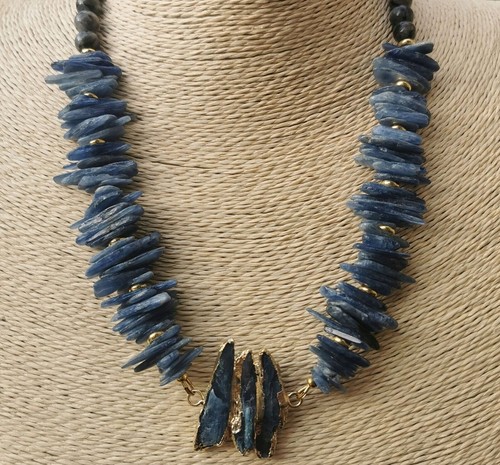 Rohe blaue Kyanit mit grauen Larvikitperlen 18K GoldPlt handgefertigte Halskette - Bild 7 von 7