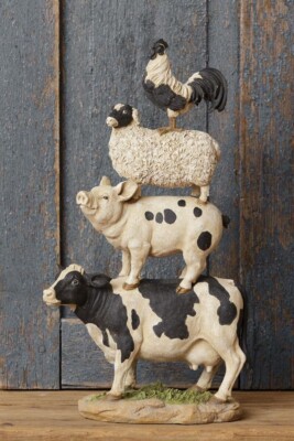 New Farmhouse LARGE FARM ANIMAL STACK FIGURINE Pig Sheep Chicken Cow ...