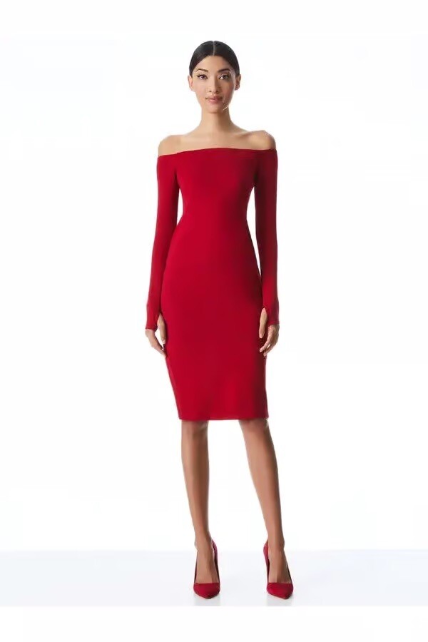 Alice + Olivia Dorinda Red Off Shoulder Midi Bodycon Dress Size 8 Excellent Condition